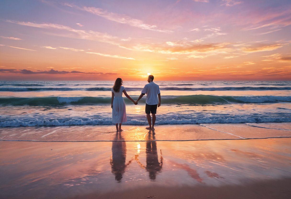 A serene beach scene with gentle waves lapping at the shore, featuring a couple holding hands, looking towards the horizon, symbolizing relationship predictions and wellness. Incorporate soft pastel colors to evoke tranquility and positivity, with a subtle overlay of abstract wave patterns suggesting interconnectedness. The sun setting in the background casts a warm glow, enhancing the romantic atmosphere. super-realistic. vibrant colors. 3D.