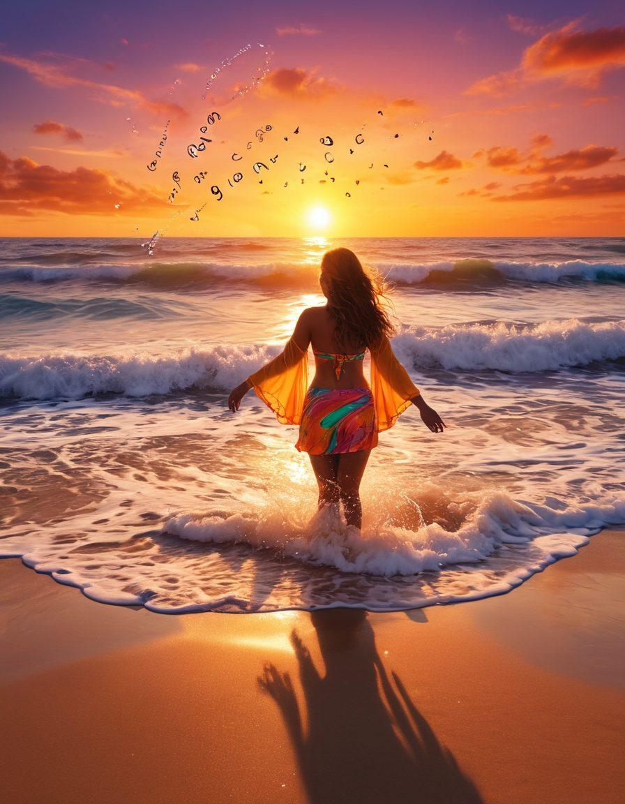 An uplifting scene of a person in colorful beach attire joyfully splashing in ocean waves, with a vibrant sunset backdrop. Include astrological symbols subtly integrated into the sand and waves, radiating positivity. Capture the essence of emotional wellbeing, with a bright and inviting atmosphere that reflects joy and tranquility. super-realistic. vibrant colors. sunset colors.